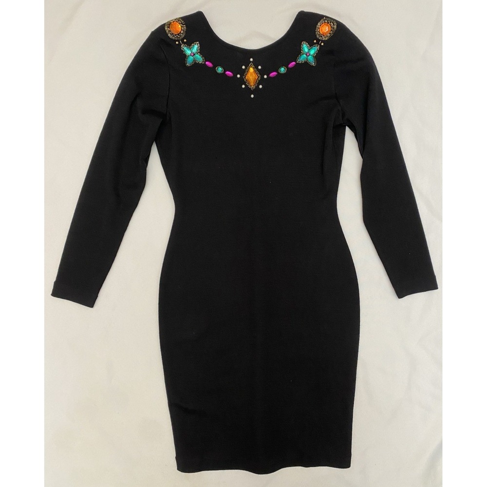 VTG Fusion Black Beaded  Embroidered Wool Blend 80s Jeweled Sweater Dress Size M